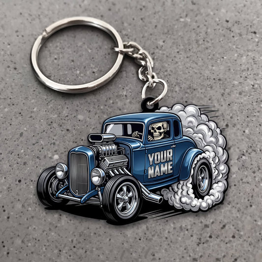 Maxcorners Hot Rod Blue Vintage Roadster with Chrome Engine and White Tire Smoke Personalized Name 3D Keychain And Ornament