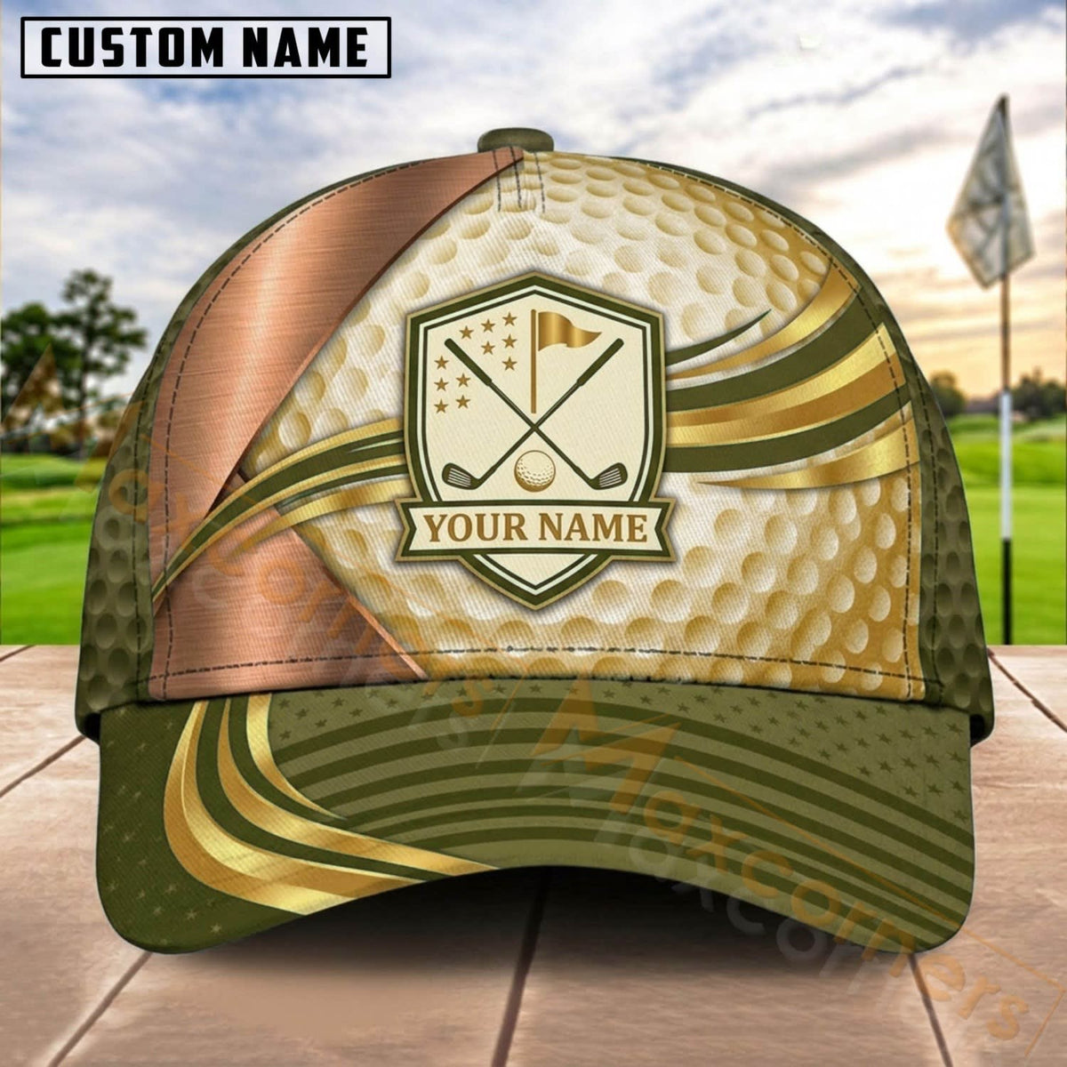 Maxcorners Golf Crossed Clubs Shield Gold Curve Personalized Name 3D Cap (7 Colors)