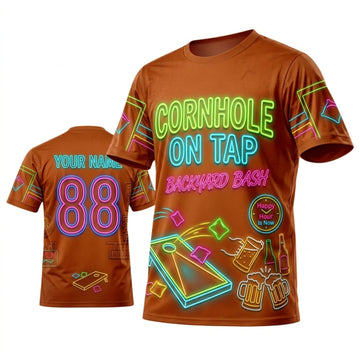 Maxcorners Cornhole On Tap Orange Neon Party Personalized Name 3D Unisex Shirt
