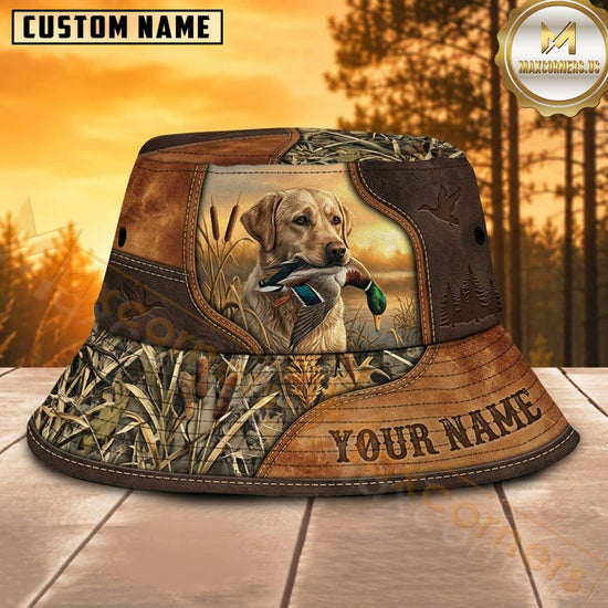 Maxcorners Waterfowl Hunting Dog Rustic Grass Camo Personalized Name 3D Bucket Hat
