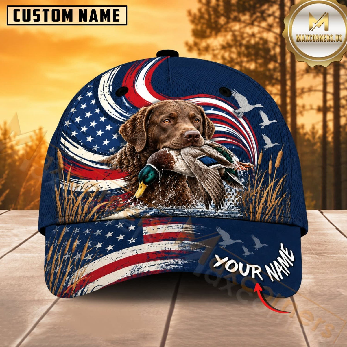Maxcorners Dog Hunting And Duck Navy Blue Patriotic American Flag Personalized Name 3D Cap
