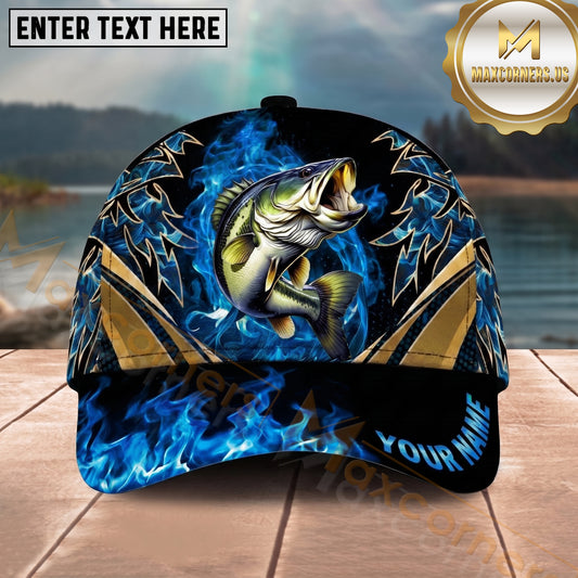Maxcorners Fishing Blue Flame Gold Accent Personalized Name 3D Shirt (13 Fish Species)
