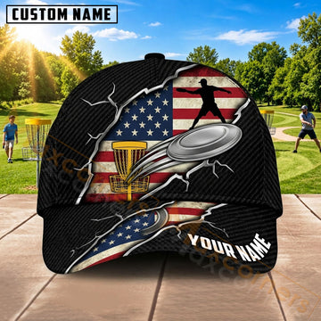Maxcorners Disc Golf Basket & American Flag Eagle Graphic Customized Name 3D Cap