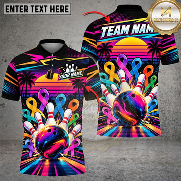 Maxcorners Bowling Cancer Awareness Ribbons Synthwave Sunset Grid Ball Pins Graphic Customized Name, Team Name 3D Shirts