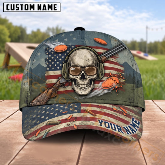 Maxcorners Trap & Skeet Shooting Patriotic Skull Clay Target Personalized Name 3D Cap