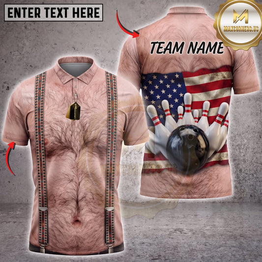 Maxcorners Bowling Hairy Chest Body American Flag Bowling Ball Pins Personalized Name 3D Unisex Shirt