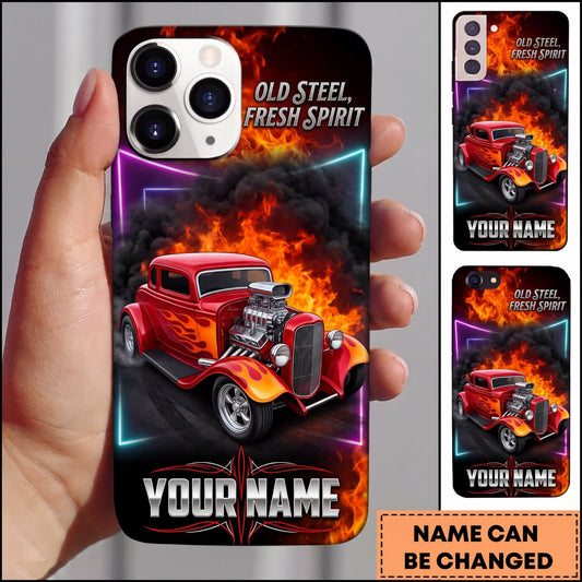 Maxcorners Hot Rod Red Vintage Car with Old Steel Fresh Spirit and Explosive Flames Personalized Name 3D Phone Case