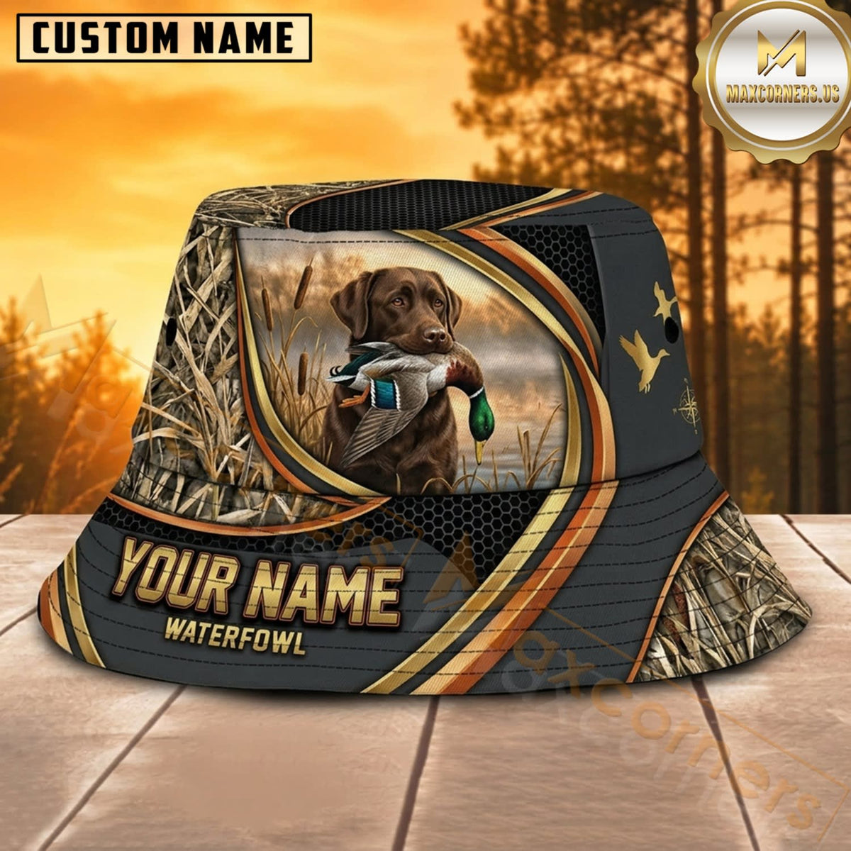 Maxcorners Labrador Hunting Black Orange Sports Stripe Personalized Name 3D Bucket Hat