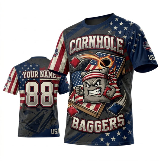 Maxcorners Cornhole Cornhole Baggers Skull American Flag Personalized Name 3D Unisex Shirt
