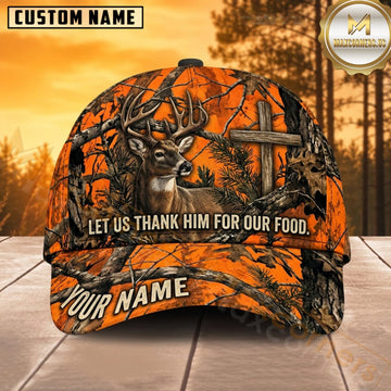 Maxcorners Deer Hunting Whitetail Buck Let Us Thank Him for Our Food Blaze Orange Camo Customized Name 3D Cap