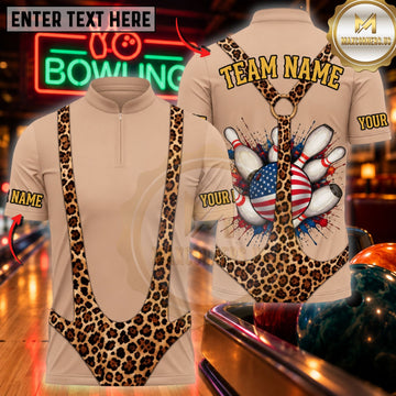 Maxcorners Bowling Leopard Swimsuit Funny Chest US Pins Shirt Customized Name, Team Name 3D Shirts