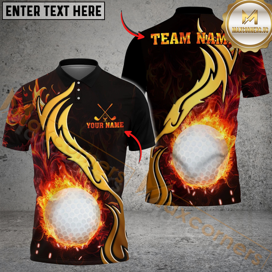 Maxcorners Golden Rainbow Flame Golf Polo Personalized Name, Team Name 3D Shirt (4 Colors)