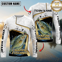 Maxcorners Fishing White Marble & Gold Trim Mahi Mahi Splash Heartbeat Line Personalized Name, Team Name 3D Long Sleeve Shirt (Large Mouth Bass, Walleye, Trout, Crappie, Catfish, Pike)