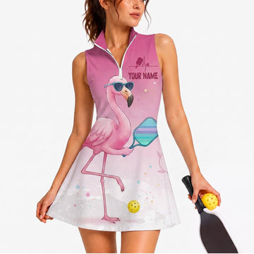 Maxcorners Pickleball Sleeveless Zipper Sports Dress Set Pastel Tropical Flamingo Personalized Name 3D Sleeveless Zipper Sports Dress Set