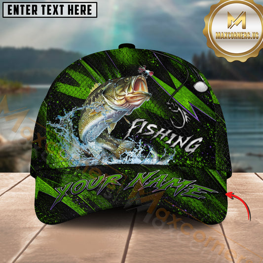 Maxcorners Fishing Neon Green Splash Personalized Name 3D Cap (12 Fish Species)
