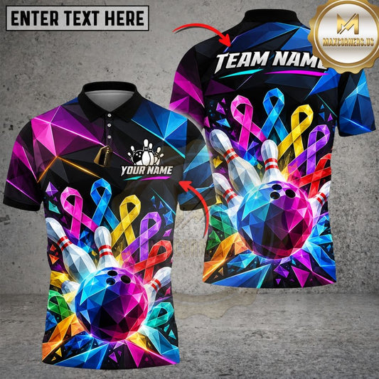 Maxcorners Bowling Cancer Awareness Ribbons Geometric Diamond Rays Ball Pins Graphic Customized Name, Team Name 3D Shirts