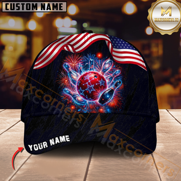 Maxcorners Bowling USA Flag Fireworks Personalized Name 3D Cap