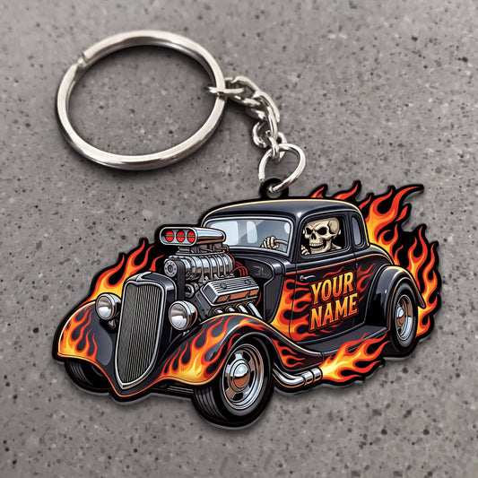 Maxcorners Hot Rod Black Vintage Roadster with Flaming Skull and Orange Fire Personalized Name 3D Keychain And Ornament