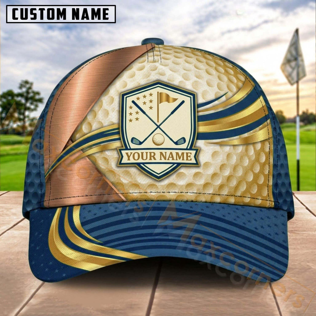 Maxcorners Golf Crossed Clubs Shield Gold Curve Personalized Name 3D Cap (7 Colors)