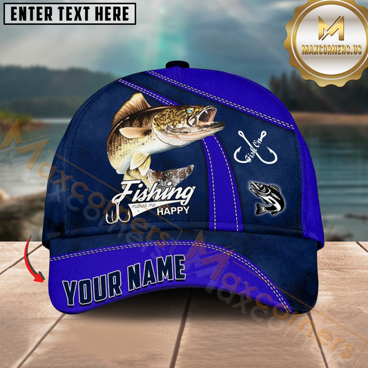 Maxcorners Walleye Fishing Blue Stitch Panel Design Personalized Name 3D Cap