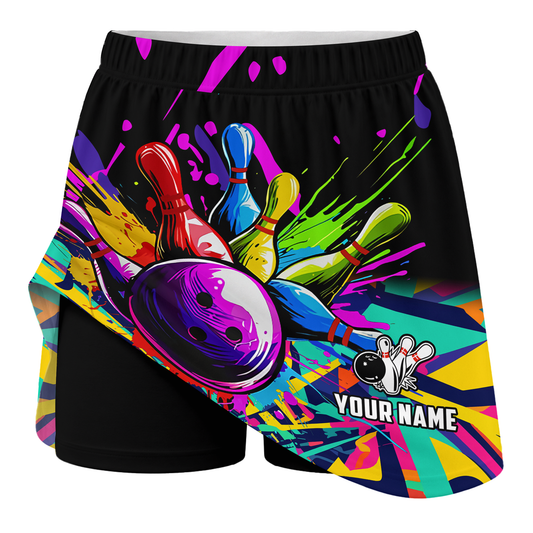 Maxcorners Customized Bowling Trouser Skirts With Shorts Underneath, Bowling Rainbow Multicolor Paint Brushes Skorts With Pockets