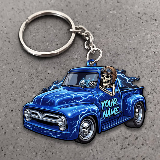 Maxcorners Classic Car Electric Blue Vintage Pickup Truck with Lightning Graphics Personalized Name 3D Keychain And Ornament