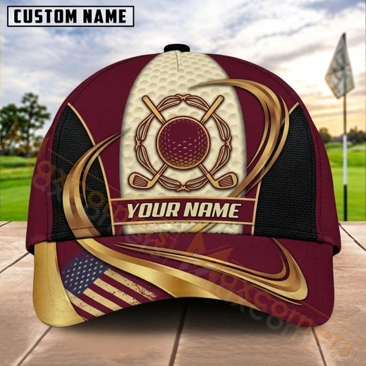 Maxcorners Golf Patriotic Shield Gold Wave Personalized Name 3D Cap (1 Color)