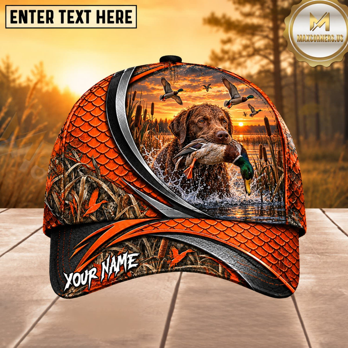 Maxcorners Dog Hunting And Duck Orange Black Curved Stripe Marsh Sunset Scene Multiple Options Personalized Name 3D Cap