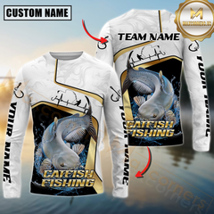 Maxcorners Fishing White Marble & Gold Trim Mahi Mahi Splash Heartbeat Line Personalized Name, Team Name 3D Long Sleeve Shirt (Large Mouth Bass, Walleye, Trout, Crappie, Catfish, Pike)