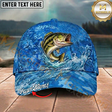 Maxcorners Fishing Blue Wave Scale Personalized Name 3D Cap (12 Fish Species)