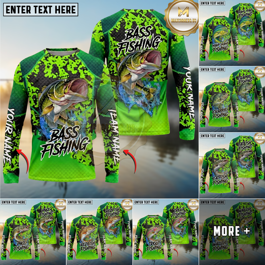 Maxcorners  Fishing Green Camo Scale Personalized Name, Team Name Long Sleeve Shirt (9 Fish Species)