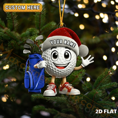 Maxcorners Cute Golf Ball Character Santa Hat Blue Golf Bag Personalized Name Christmas Ornament 2D Flat