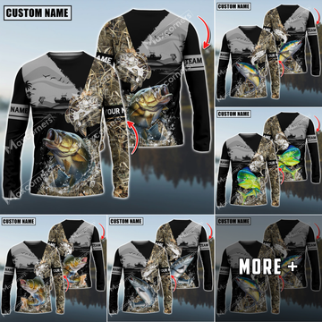 Maxcorners Fishing Water Camo Pattern Sun Protection Personalized Name, Team Name Long Sleeve Shirt (6 Fish Species)