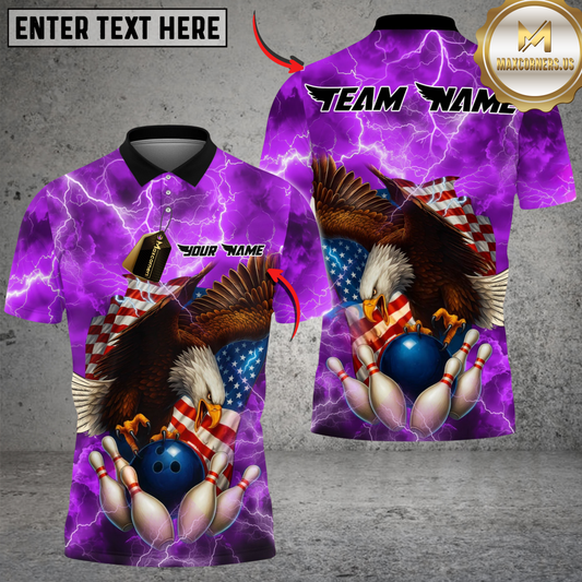 Maxcorners Bowling And Pins Patriot Eagle Flag Thunderstorm Customized Name, Team Name 3D Shirt (4 Colors)65