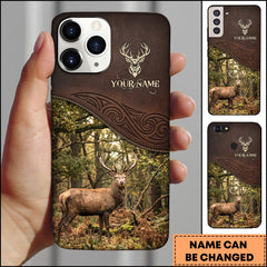 Maxcorners Artist Hunting Deer Zipper Leather Dark Brown Sunlit Forest Personalized Name Phone Case