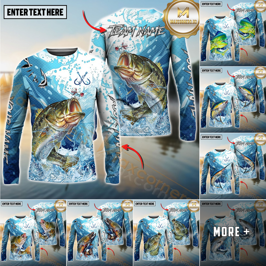 Maxcorners Fishing Blue Water Splash Personalized Name, Team Name 3D Long Sleeve Shirt ( 12 Fish Species)