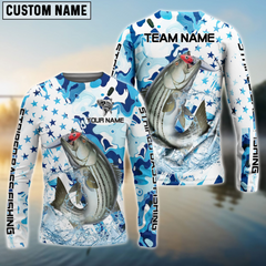 Maxcorners Striped Bass Fishing Blue White American Flag Personalized Name, Team Name 3D Shirt