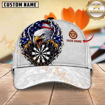 Maxcorners Darts Bald Eagle American Flag White Red Blue Ripped Personalized Name 3D Cap