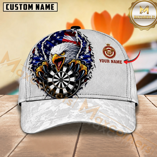 Maxcorners Darts Bald Eagle American Flag White Red Blue Ripped Personalized Name 3D Cap