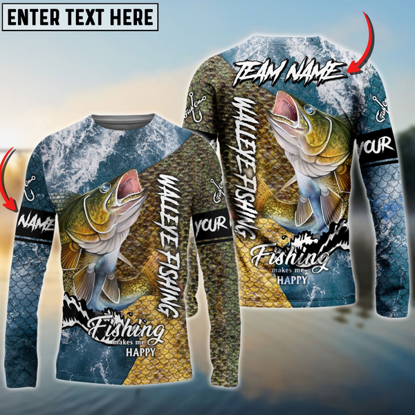 Maxcorners Walleye Fishing Skin Seawave Personalized Name, Team Name 3D Long Sleeve Shirt