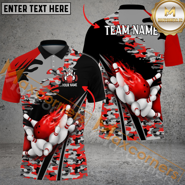 Maxcorners Bowling Ball & Pins Run Way Multicolor Option Customized Name, Team Name 3D Polo Shirt