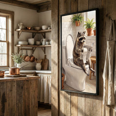 Maxcorners Raccoon Sitting on Toilet Reading Newspaper Bathroom Humor Canvas Wall Art