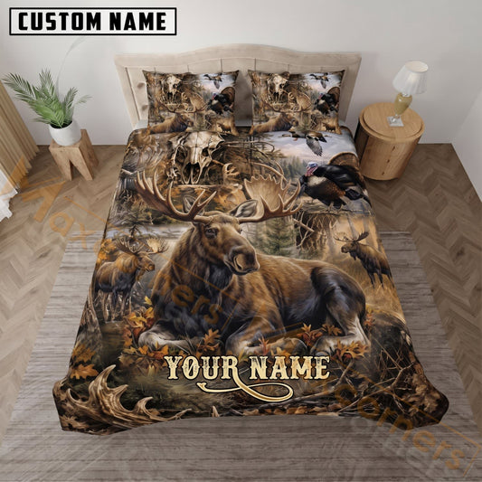 Maxcorners Moose Hunting Rustic Woodland Wildlife Custom Name 3D Bedding Set