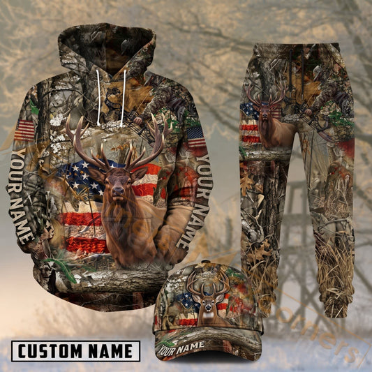 Maxcorners Hunting Whitetail Buck Rustic American Flag Woodland Camo Personalized 3D Combo Hoodie, Sweatpants Set & Cap