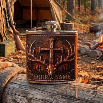 Maxcorners Hunting Cross and Deer Antler Rustic Design Personalized Name 3D Hip Flask