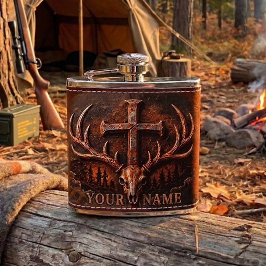 Maxcorners Hunting Cross and Deer Antler Rustic Design Personalized Name 3D Hip Flask
