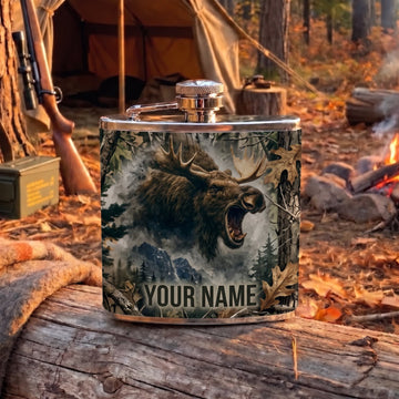 Maxcorners Hunting Roaring Bear Woodland Camouflage Design Personalized Name 3D Hip Flask
