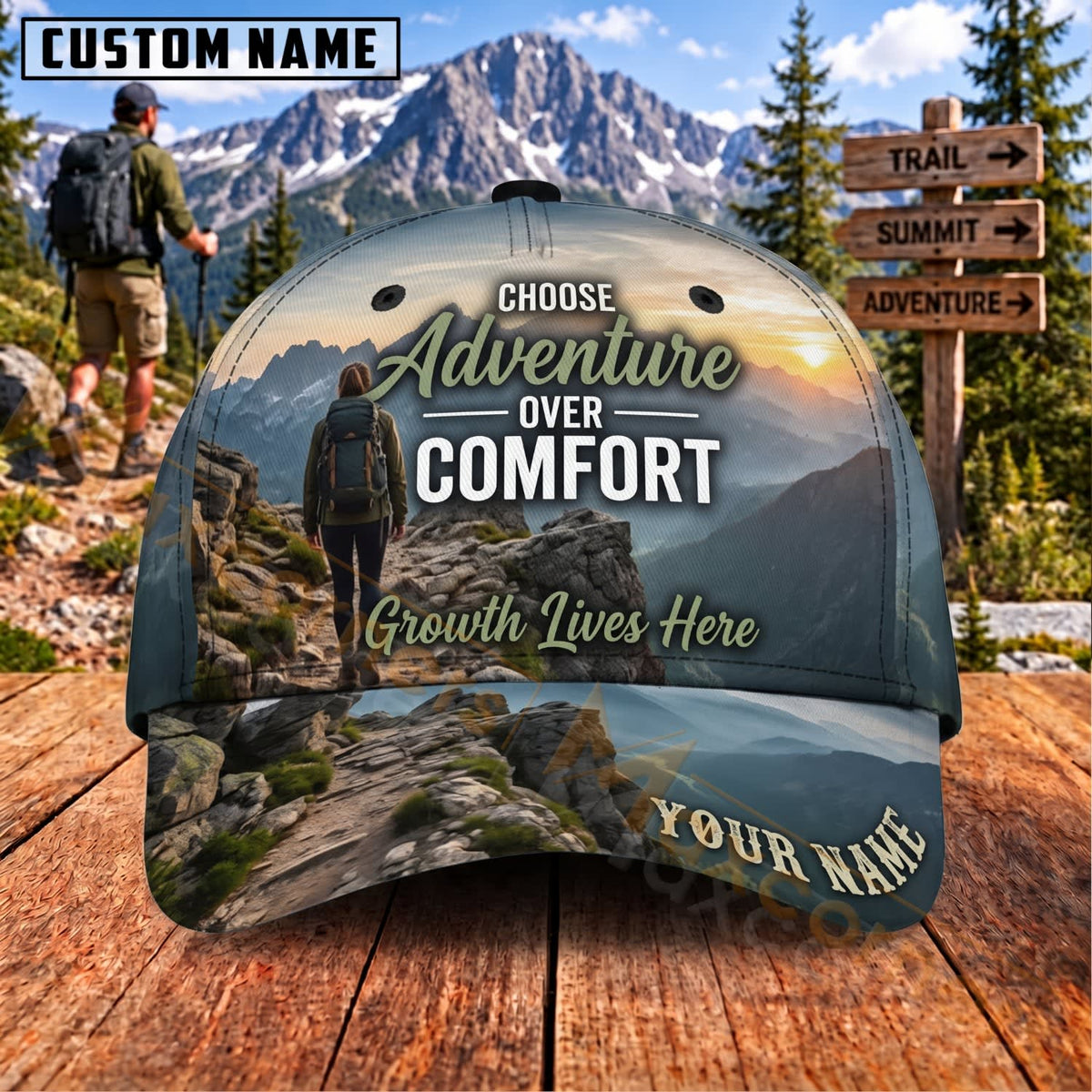 Maxcorners Hiking Choose Adventure Over Comfort Personalized Name 3D Cap
