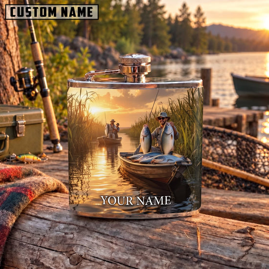 Maxcorners Fishing Fisherman Boat Golden Sunset Personalized Name 3D Hip Flask