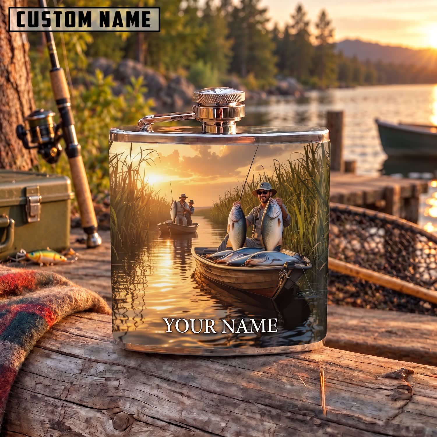 Maxcorners Fishing Fisherman Boat Golden Sunset Personalized Name 3D Hip Flask